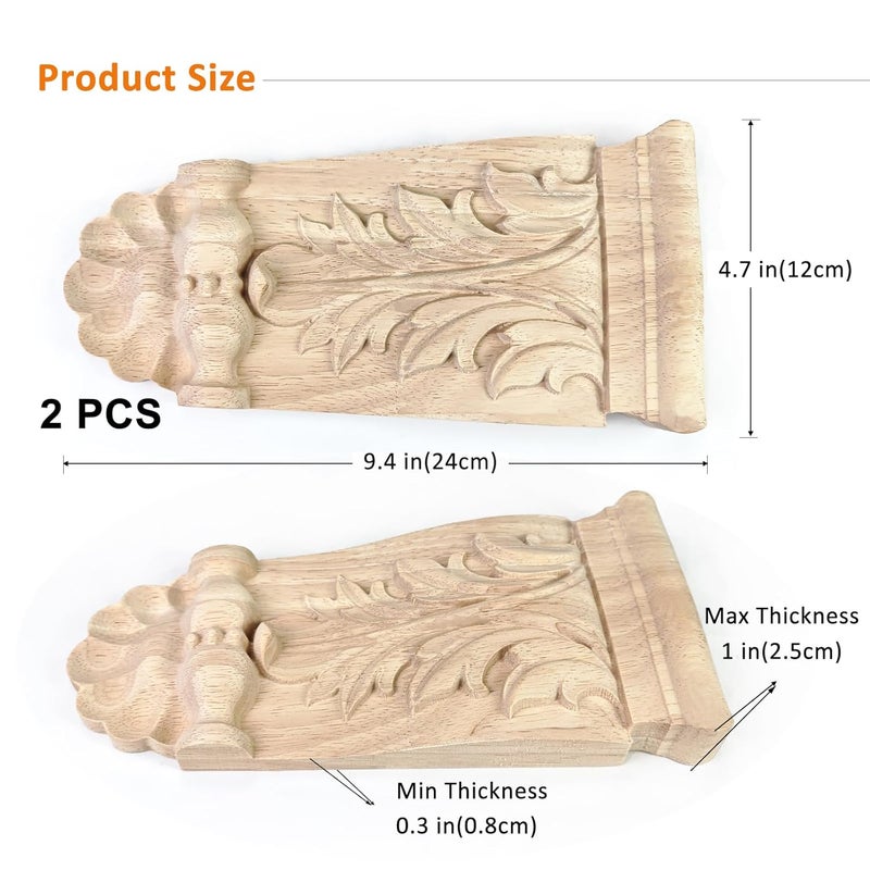 CRAPAPFERT 2PCS Unpainted Natural Solid Wood Carved Corner Onlay Applique 9.4x4.7 Inch Vintage Home Decor Decorative European Style Corners Corbels for Home Wall Furniture Decoration - Image 2